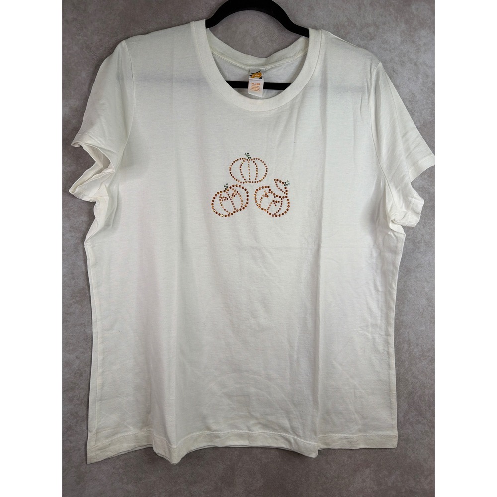 VTG JC Penney Pumpkin Rhinestone T-Shirt Womens XL Cream Fall Halloween